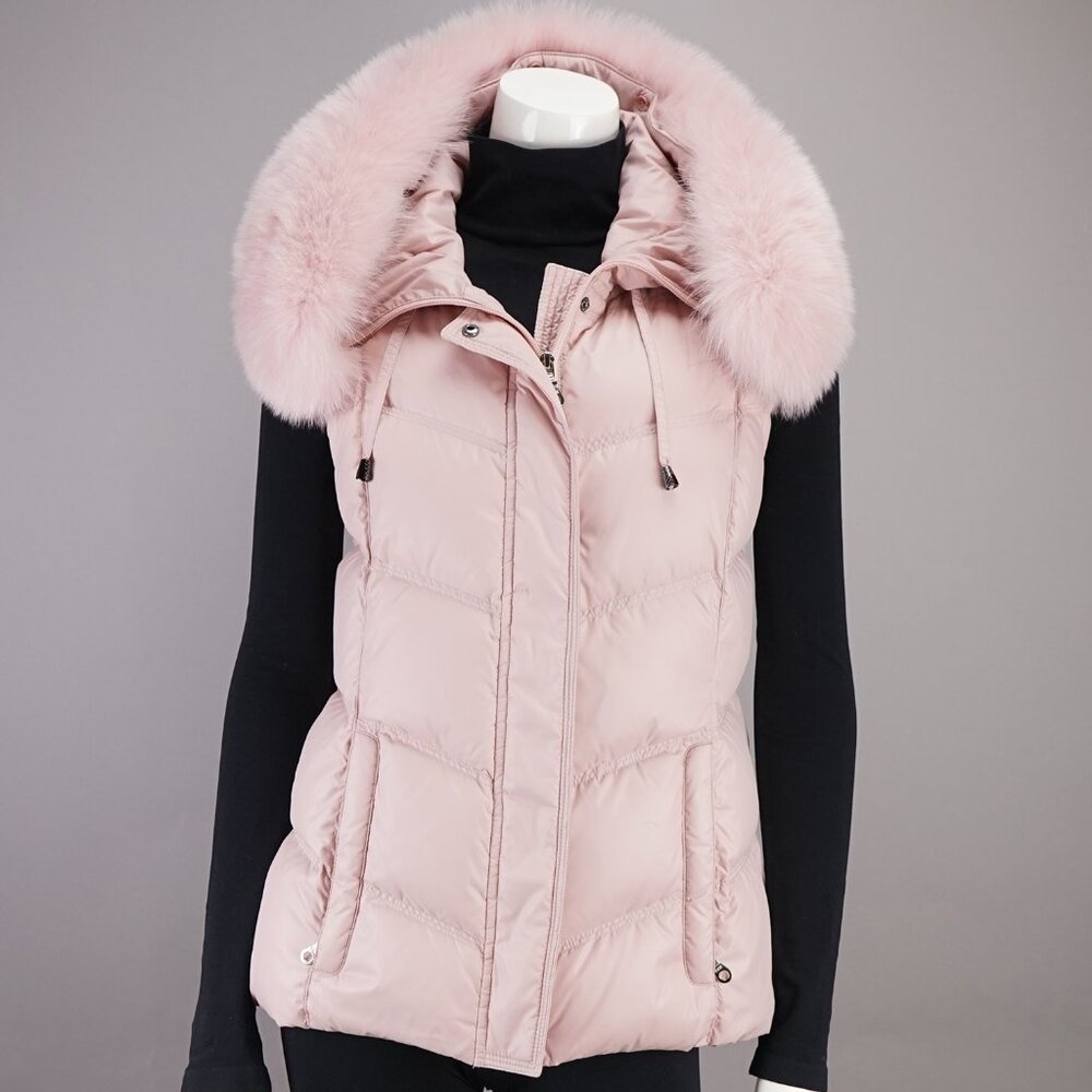 Pink Down Hooded Vest with Detachable Fox Trim